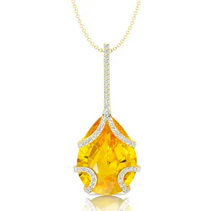 Exquisite Trendy Minimalist Design Pear Cut Natural Yellow Sapphire Gemstone Charms Pendant in 18K Solid Gold with Real Diamonds