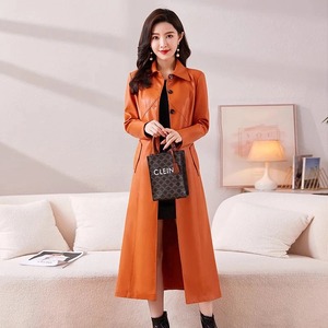 Femmes Long automne hiver manteau simple boutonnage décontracté Trench col rabattu imperméable en cuir fendu pardessus nouveau tricoté - Product Image 4