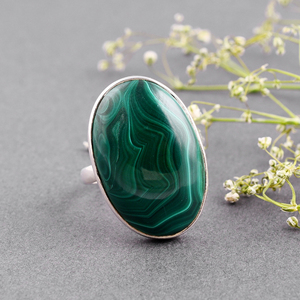 เครื่องประดับแหวนพลอยมาลาไคต์ธรรมชาติเงินแท้ 925 ขนาดใหญ่ - Product Image 1