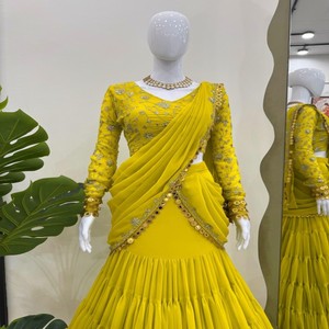 แบบดั้งเดิมพร้อมที่จะสวมใส่ lehenga Saree กับด้ายและเลื่อมทำงาน choli | Georgette faux และการออกแบบพอดีกับยางยืด - Product Image 4