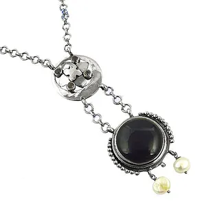 Collier Pendentif Statement Art Palace Vintage en Argent 925 et Onyx, Perles d'Eau Douce, Motif Floral, Chaîne Maille Forçat pour Femme, Usage Quotidien - Product Image 2