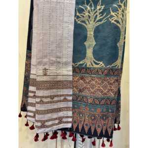 Handloomed Double Sided Quilted <b>Wool</b> and Silk Wrap Ajrakh Design Tree of Life/Sienna Geometric - Product Image 2
