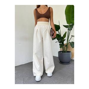Pantaloni di lino a vita alta a taglio largo a vita elastica lavorati a maglia da donna
