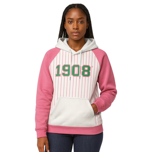 1908 White Body Pink Raglan Pinstripes Pullover Sudadera con capucha Mezcla de algodón Hermandad de mujeres griega Ropa personalizada Divine Nine HBCU Greek Life - Product Image 1