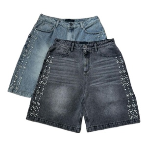 Short en denim épais pour hommes personnalisé Jorts en cristal avec strass Braguette vintage à fermeture éclair 100% coton OEM Service tissé Mid - Product Image 1