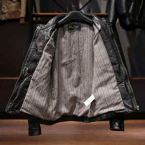 Chaqueta de moto de cuero de caballo con patrón sólido personalizado para hombre, cuello levantado, piel de oveja genuina con pliegues, teñido liso - Product Image 3