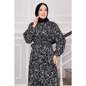 Robe modeste noire à motif de verre cassé en crêpe avec ceinture Hijab - Product Image 4