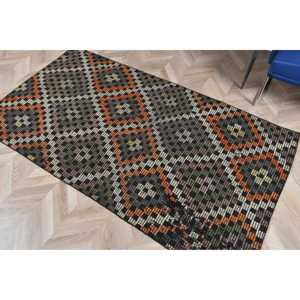 3.6x6.7 ft Turkish Area <b>Rug</b>, <b>Black</b> Orange Vintage Check Wool <b>Rug</b> - Product Image 5