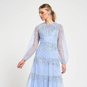 Robes de soirée de mariage élégantes et formelles, antistatiques, ornées de perles, de sequins, de broderies en cristal, longueur au sol, coupe trapèze, 100% polyester - Product Image 1