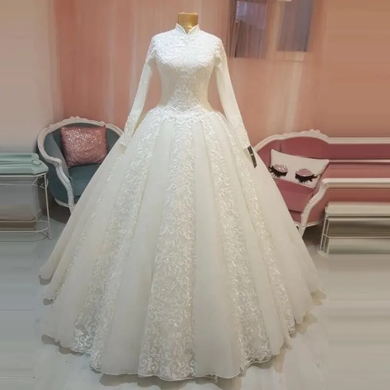 Arabic Bridal Gown Islamic Muslim Modest Wedding Dress Arab Ball Gown Lace Hijab Long Sleeve Princess Wedding Dress 2023