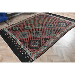 Alfombra Turca Vintage, Alfombra Kilim de 6.5x9.1 pies, Alfombra Oriental Negra y Roja - Product Image 4