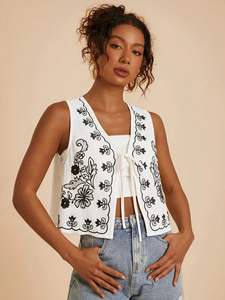 Femmes Vintage coton gilet veste dames ouvert gilet broderie florale décontracté haut court tenues pour automne hiver vacances - Product Image 5