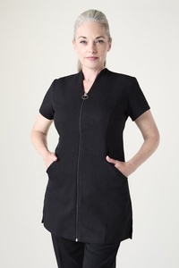 Ensemble de blouses médicales noires EVERGLOW pour femmes, col en V, fermeture éclair sur le devant, pantalon, uniforme d'hôpital, en polyester tissé, détection d'aiguilles, sans couture - Product Image 2