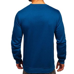 Sweat-shirt pour homme en coton bio, couleur unie bleu, col rond, avec logo personnalisé brodé, bordures côtelées, fabrication OEM - Product Image 4