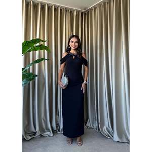 MissJANELL Vestido largo negro con aberturas en los hombros para mujer, elegante mezcla de poliéster y licra para fiestas y eventos nocturnos, elegante vestido largo - Product Image 6