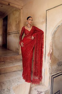 ผ้าส่าหรีเทียมลวดลายดอกไม้สไตล์ชนเผ่าขอบลูกไม้ตัดสำหรับงานปาร์ตี้ - Product Image 3