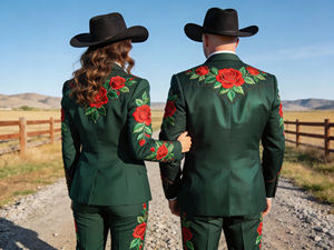 Conjunto de Traje Bordado Estilo Occidental Verde Oscuro para Hombre y Mujer, Blazer y Pantalones de Vaquero - Product Image 2