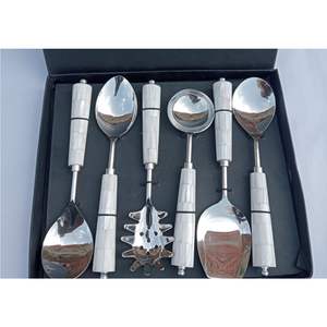 Juego de Cucharas de Servir de Acero Inoxidable con Incrustaciones de Nácar de Lujo - Juego de 6 Piezas Decorativas para Servir Pastel, Pasta y Ensalada para Bodas - Product Image 1