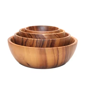 Cuenco de madera de acacia redondo grande, vajilla de madera maciza, cuenco de ensalada y fruta de diseño moderno para bodas, artesanía de media luna - Product Image 2