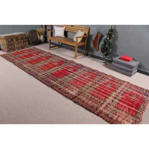 Turkish Rug, 4.2x13.1 ft <b>Runner</b> Rug, <b>Red</b> Check Wool Vintage Rug - Product Image 1