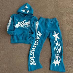 Sweatpants and Hoodie Sets Manufacturer <b>Baggy</b> Tracksuits Custom Unisex Streetwear No Hem Crop Hoodie Puff Printing Flared - Product Image 1