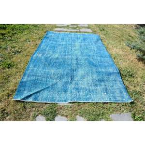 Modern Blue Vintage Turkish Rug 5.3 X 8.7 ft Wool Latex Backing Rectangular Patchwork Pattern Style Tabriz for Bedroom Model Rug - Product Image 1