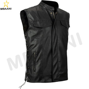 เสื้อกั๊กหนังเทียมผู้ชาย ปรับเชือกผูกด้านข้าง สไตล์นักขี่มอเตอร์ไซค์ แจ็คเก็ตแขนกุด - Product Image 1