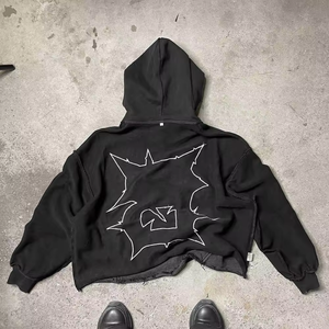 Logo personnalisé délavé à l'acide vintage coton vieilli brodé Patchwork recadrée pull sans ficelles hommes couper et coudre des sweats à capuche - Product Image 3