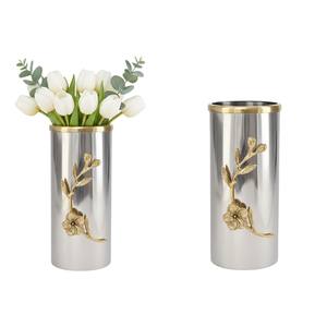 Vase à fleurs en aluminium métallique élégant avec bordure dorée et accent de tige d'orchidée, luxe argenté pour la décoration de la maison et des mariages - Product Image 1