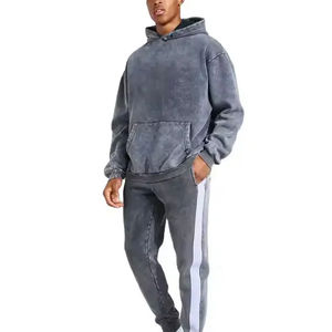 Chándales acampanados de lavado ácido con cremallera hasta 500 GSM, traje de jogging de pierna recta, chándal desgastado, sudaderas con capucha y pantalones de chándal, conjuntos para hombres - Product Image 3
