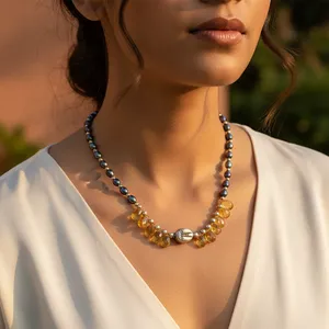 Collier pour femme en perles de Tahiti et citrine avec pendentif ancre en argent 925, style classique, à porter au quotidien - Product Image 1
