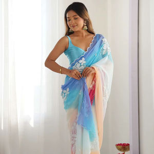 ผ้าส่าหรีผ้าไหมลายดาวและงานปักลวดลายเหมาะสำหรับงานแต่งงานและงานปาร์ตี้ - Product Image 1