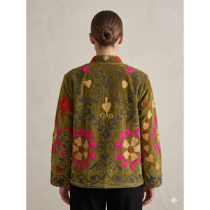 Velvet Embroidered Suzani Floral <b>Jacket</b> <b>Mandarin</b> <b>Collar</b> Full Sleeve Prairie Chic Autumn Women's Outerwear Handcrafted - Product Image 2