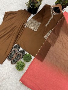 Conjunto de Kurti Farchi Pent de Lahor, en Seda Georgette con Bordado de Piel Sintética, Colores Brillantes, Festivo, Sin Costuras - Product Image 5