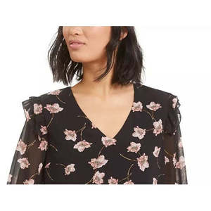 Top da Donna Bar III Autunnale Bohemien con Stampa Floreale, Colletto Arricciato, Vestibilità Ampia, Taglia XL, in Chiffon di Seta Nero Lavorato a Maglia - Product Image 2