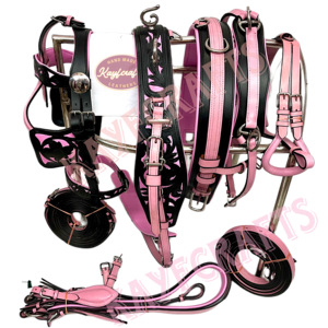 Juego de arnés de conducción de caballos de cuero con herramientas florales Rosas y negras - Product Image 3