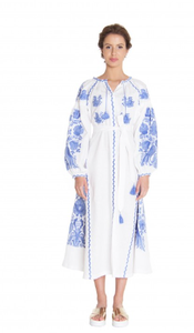 Haute qualité écologique coton blanc lourd robe ukrainienne à manches longues col en v mollet longueur tissé naturel taille européenne - Product Image 5