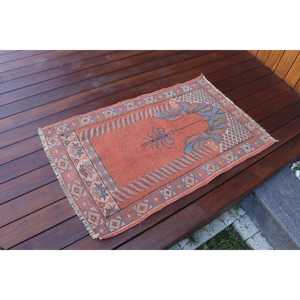 Vintage Turkish Rug 2x3.3 ft, <b>Red</b> Abstract <b>Wool</b> Rug - Product Image 2