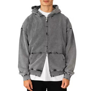 Sudadera con capucha con cremallera sólida lavada con ácido de talla grande para hombre, estampado Digital de estilo informal en algodón y poliéster para invierno - Product Image 3