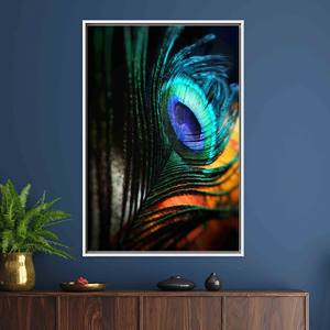 Modern Peacock Feather Printed Canvas: Elegant Wall Art for Home Decor,WHITE <b>FRAMED</b> CANVAS - Product Image 1