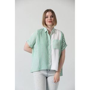 Topshow Emerald Striped <b>Linen</b> Blend Button-Down Shirt for Women - Casual Long Sleeve Blouse with Classic Collar - Product Image 2