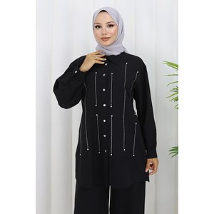 Ensemble décontracté deux pièces noir 19266 avec détails en pierre, taille XL, tenue mi-longue, motif en tissu, 100 % polyester, col rond - Product Image 2