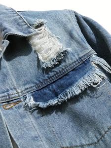 Venta al por mayor de ropa de los hombres de moda chaqueta de mezclilla desgastada para los hombres de encargo con retales con el logotipo de calidad superior con precio bajo - Product Image 4