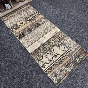 2.7x6.2 ft Rug, Turkish Vintage Rug, <b>Brown</b> Patchwork <b>Wool</b> Rug - Product Image 3