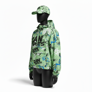 Veste coupe-vent pour femmes en tissu polyester, imprimé graffiti vert avec poche avant, logo personnalisé, veste à sublimation pour femmes - Product Image 4