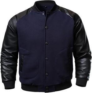 Veste universitaire classique pour adulte, bleu marine avec manches en cuir noir, bordure contrastée, col rond, vêtement d'automne - Product Image 2