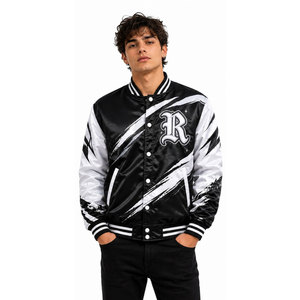 Veste universitaire noire et blanche pour homme avec logo R imprimé par sublimation, col rabattu, simple boutonnage, tenue décontractée d'automne - Product Image 4