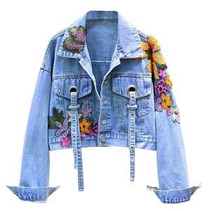 Custom denim jackets with embroidery on all over denim jacket for women <b>floral</b> embroidery women's denim jackets - Product Image 1