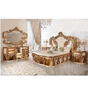 Ensemble de meubles de chambre à coucher de luxe polis or luxueux lit double design King Size moderne en bois sculpté à la main de style européen Be - Product Image 1