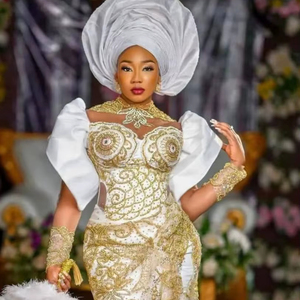 Hecho a mano de lujo indio nigeriano George envoltura vestido de baile estilo cristal diamante encaje decoración frente imperio hecho Nylon Lino - Product Image 1